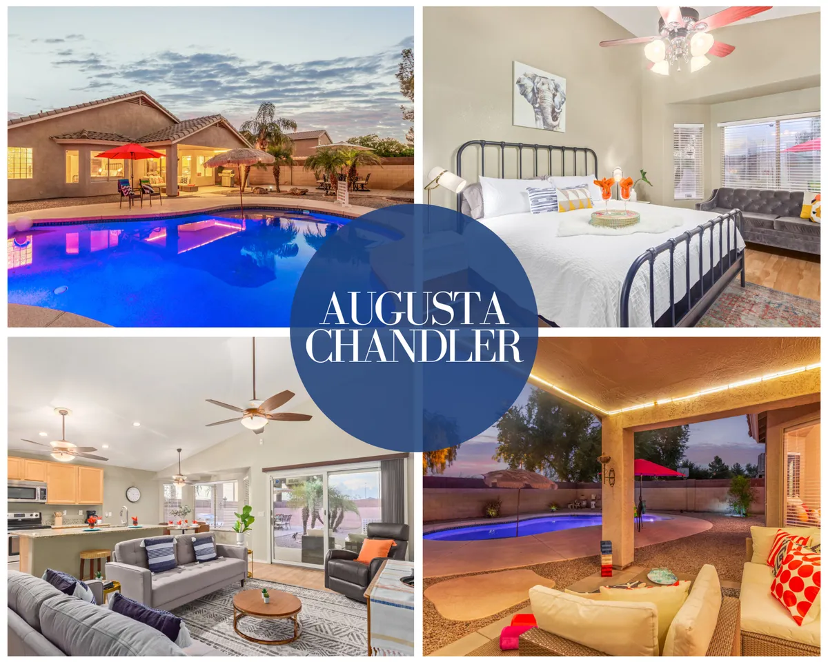 The image showcases the backyard of a single-family house in Chandler, Arizona, featuring a sparkling swimming pool as the centerpiece. Surrounding the pool are comfortable outdoor seating areas perfect for lounging or socializing. The scene is bathed in the warm glow of Arizona sunshine, inviting guests to swim, relax, or gather with friends and family. Sliding glass doors offer a glimpse into the stylish kitchen and spacious living room, seamlessly connecting indoor comfort with outdoor fun. The overall mood is tranquil yet sociable, evoking the idea of sunset swims and starlit evenings.